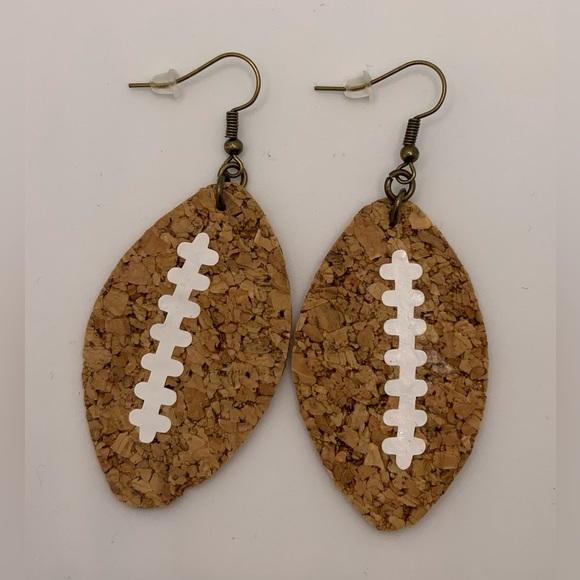 Handmade Dangle Cork Football Earrings - Picture 3 of 4
